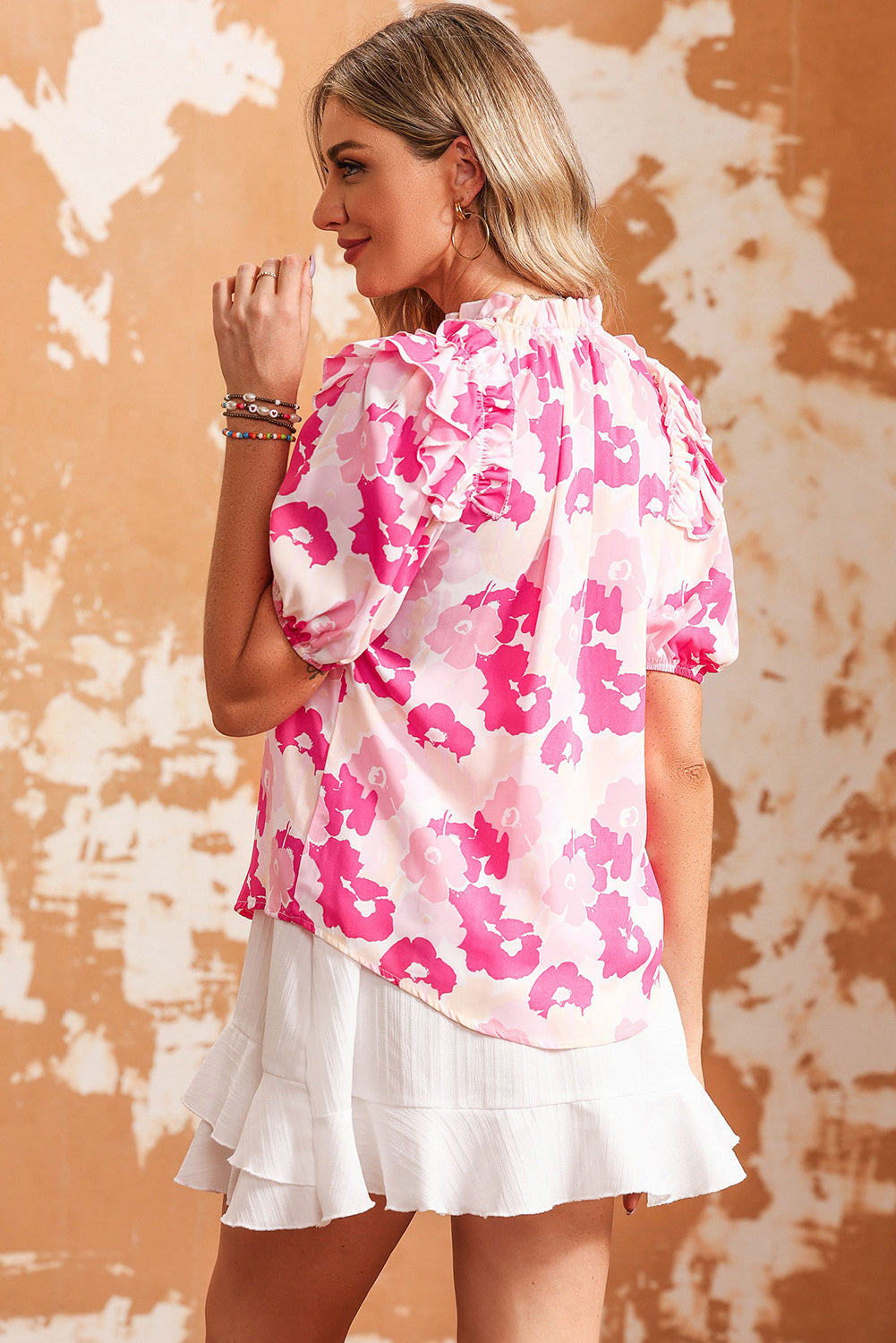 Pink Split Neck Ruffled Puff Sleeves Floral Top