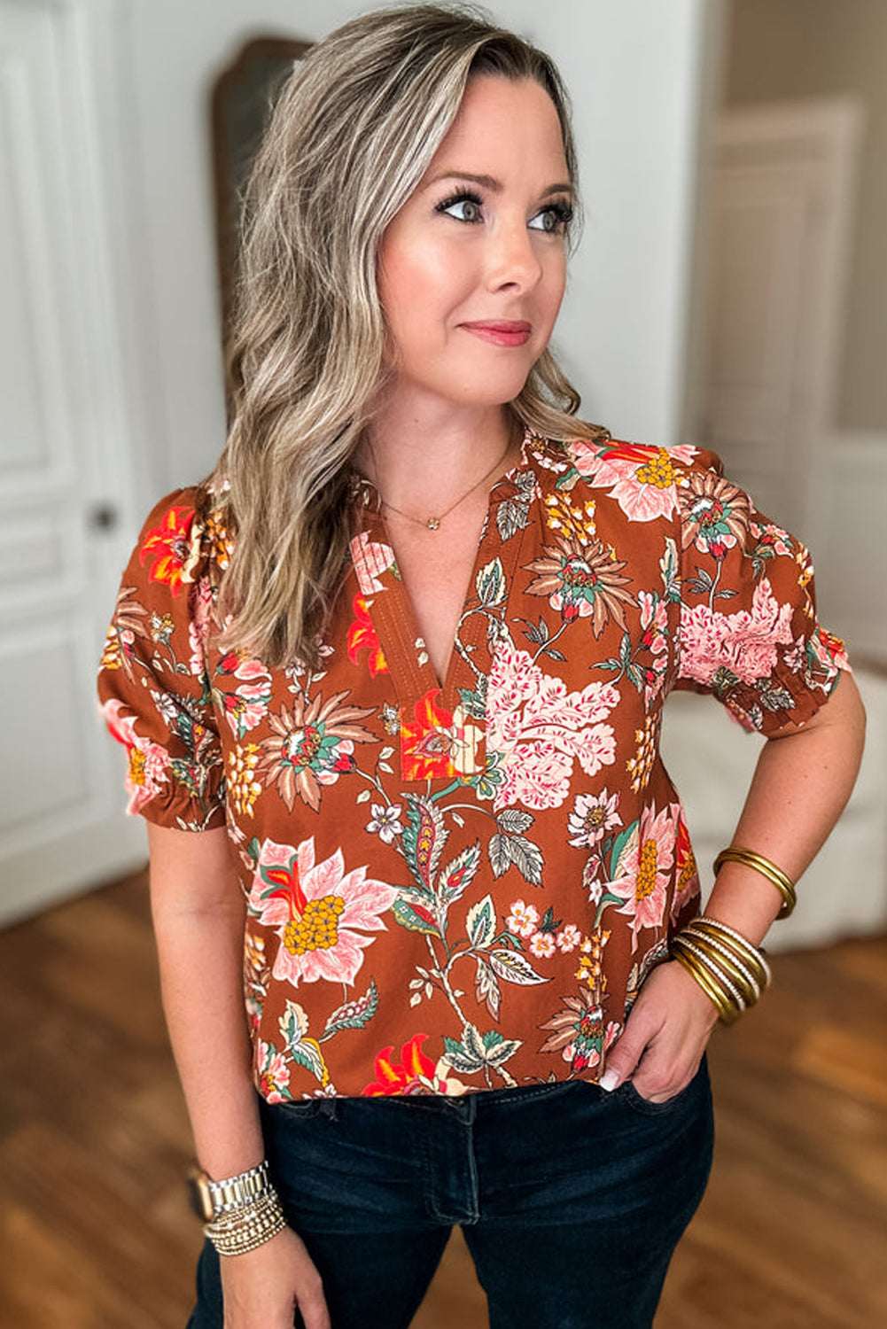 Brown Floral Stitched V Neck Frilled Trim Puff Short Sleeve Blouse