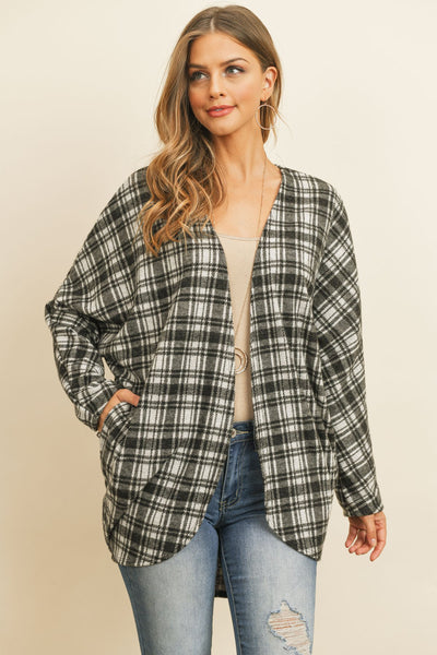 Plaid Round Hem Pocket Open Cardigan