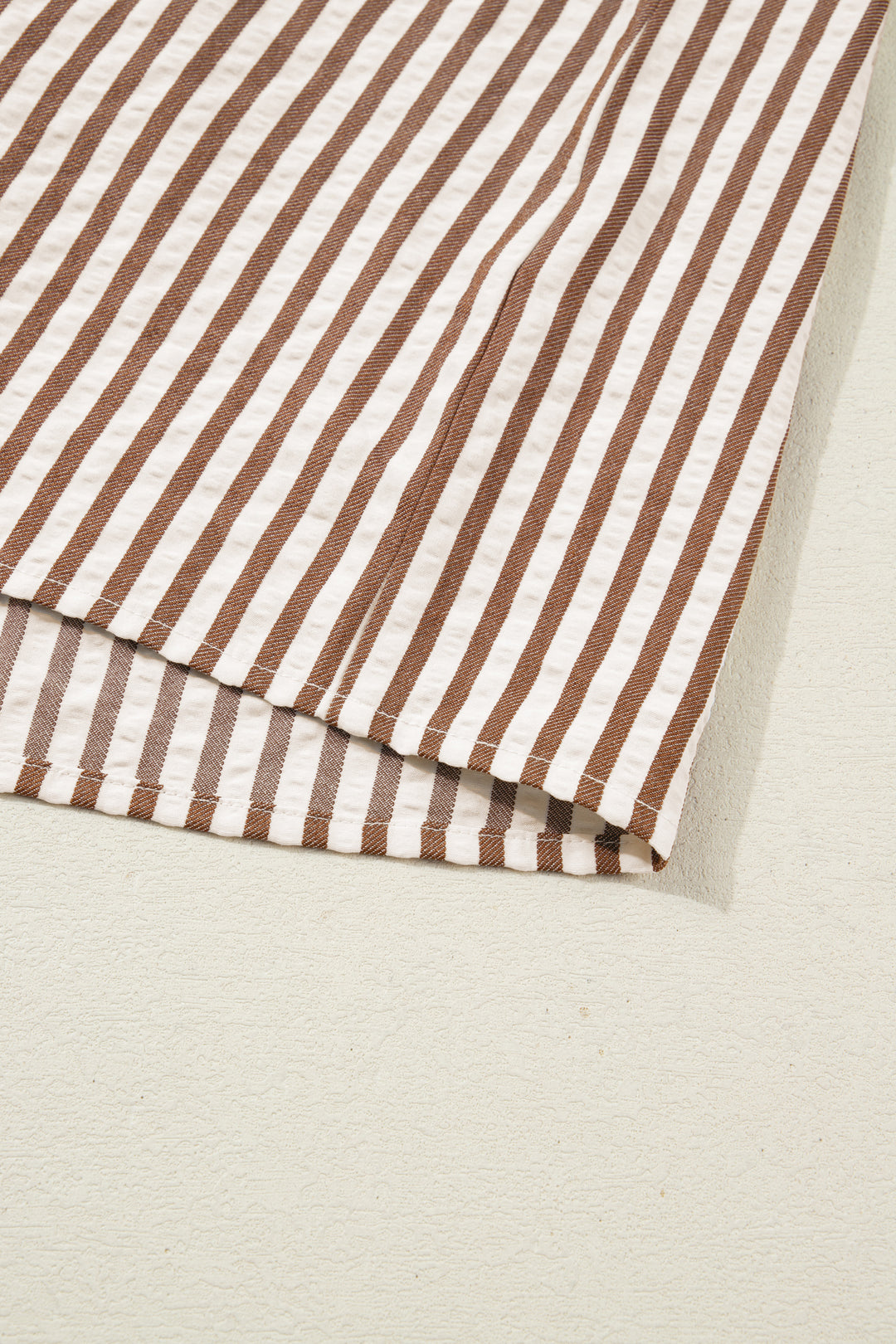 Brown Stripe Leopard Trim V Neck Button Down Half Sleeve Shirt