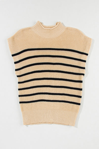 Parchment Striped Ribbed Knit High Neck Sweater