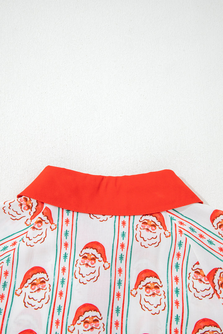 White Father Christmas Contrast Collar Button Front Long Sleeve A-line Mini Dress