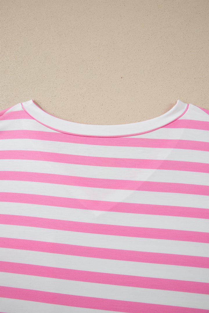 Pink Stripe Colorblock Patched Pocket V Neck Plus Size Tee