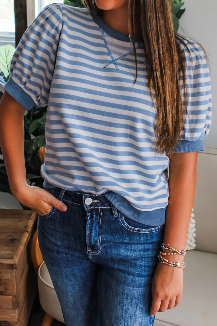 Orange Stripe Short Bubble Sleeve T Shirt