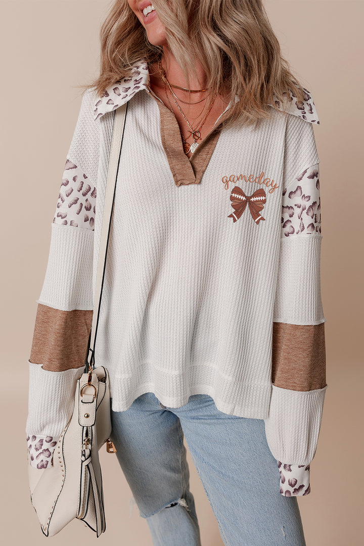 White game day Rugby Bow Embroidered Graphic Leopard Collar Color Block Patchwork Top