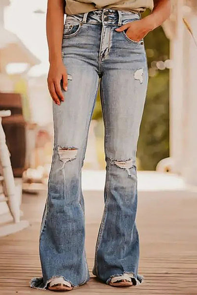 Dusk Blue Vintage Light Wash Ripped Raw Edge Flare Jeans