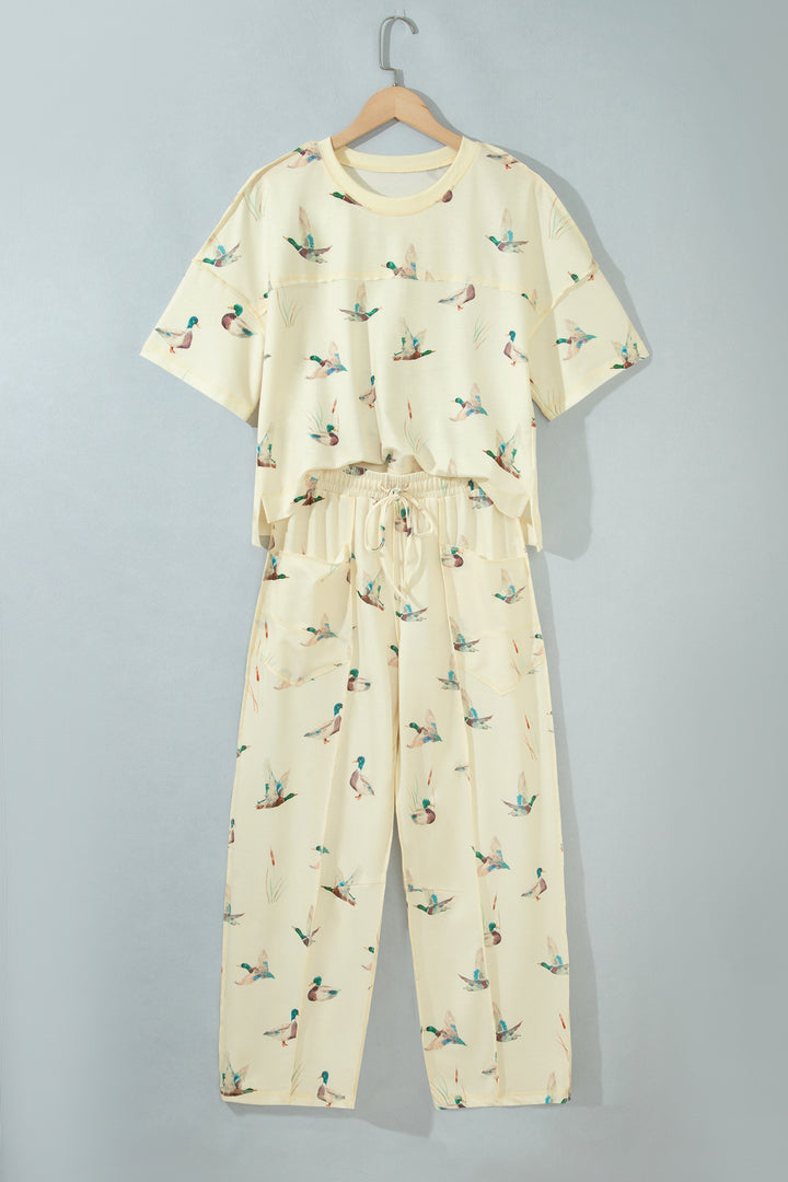 Beige Duck Print Short Sleeve Top Pocket Pants 2pcs Casual Set