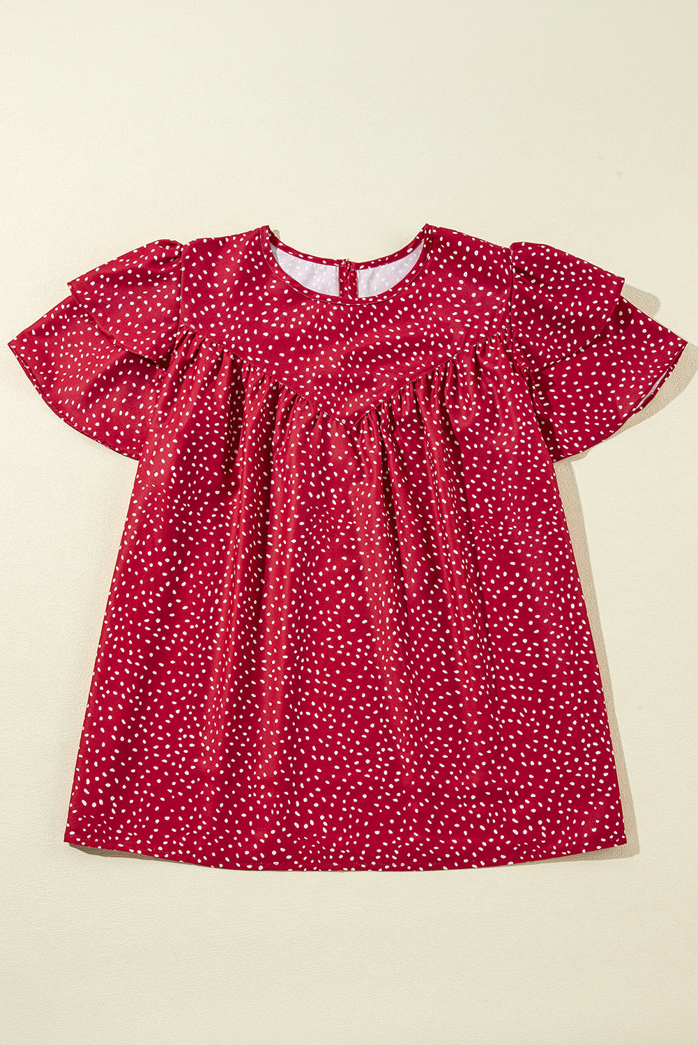 Fiery Red Dotted Ruffle Sleeve Crew Neck Ruched Blouse