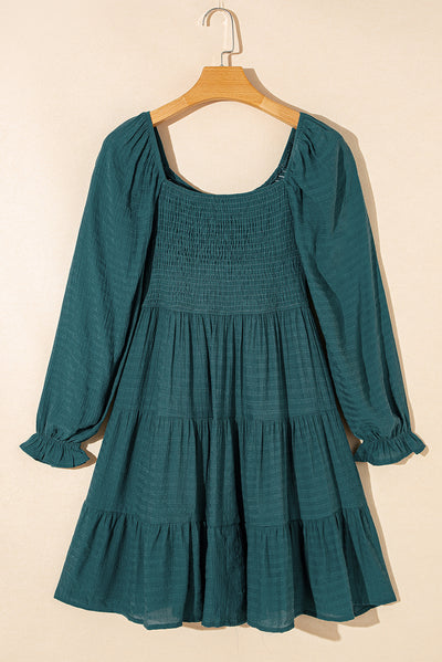 Mist Green Bishop Sleeve Smocked Tiered Mini Dress