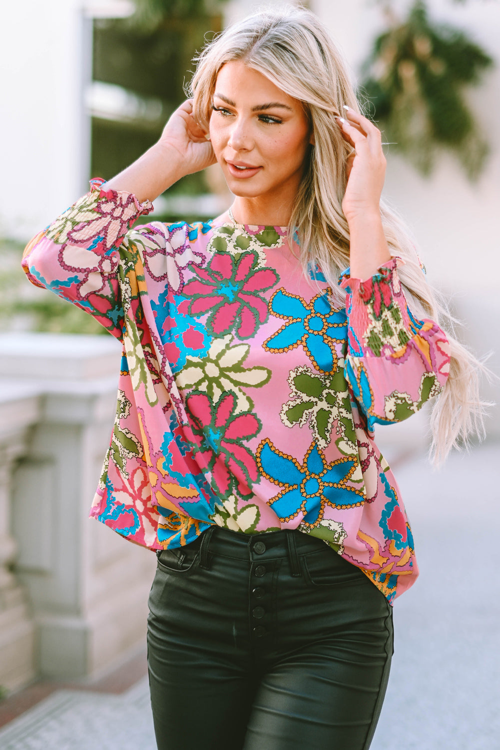 Pink Floral Print Bracelet Sleeve Blouse