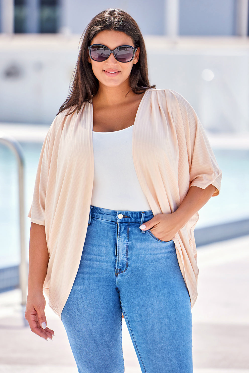 Apricot Shimmer Ribbed Texture Plus Size Cardigan