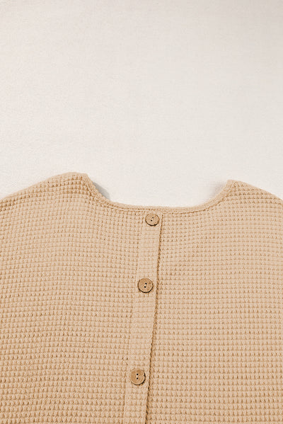 Oatmeal Textured Knit Button Back Cuffed Sleeve Tee