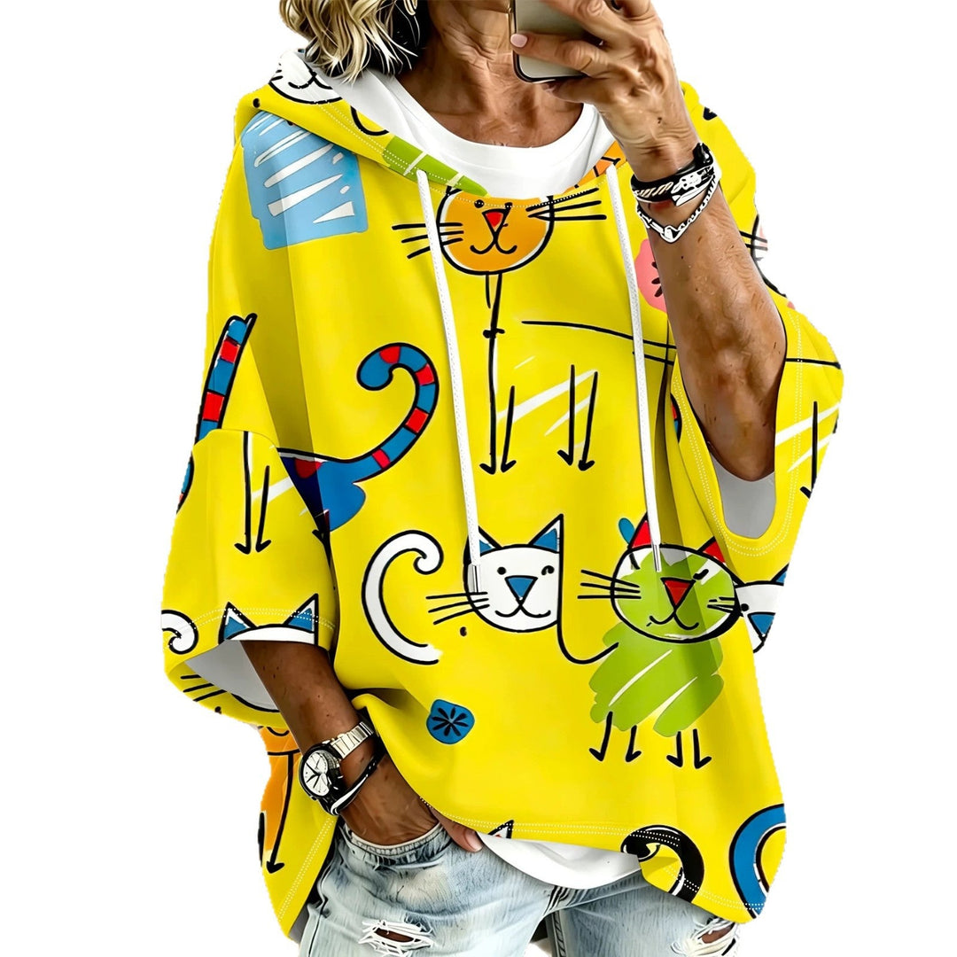 Cartoon Cat Print Hoodie with 3/4 Sleeves &amp; Drawstring