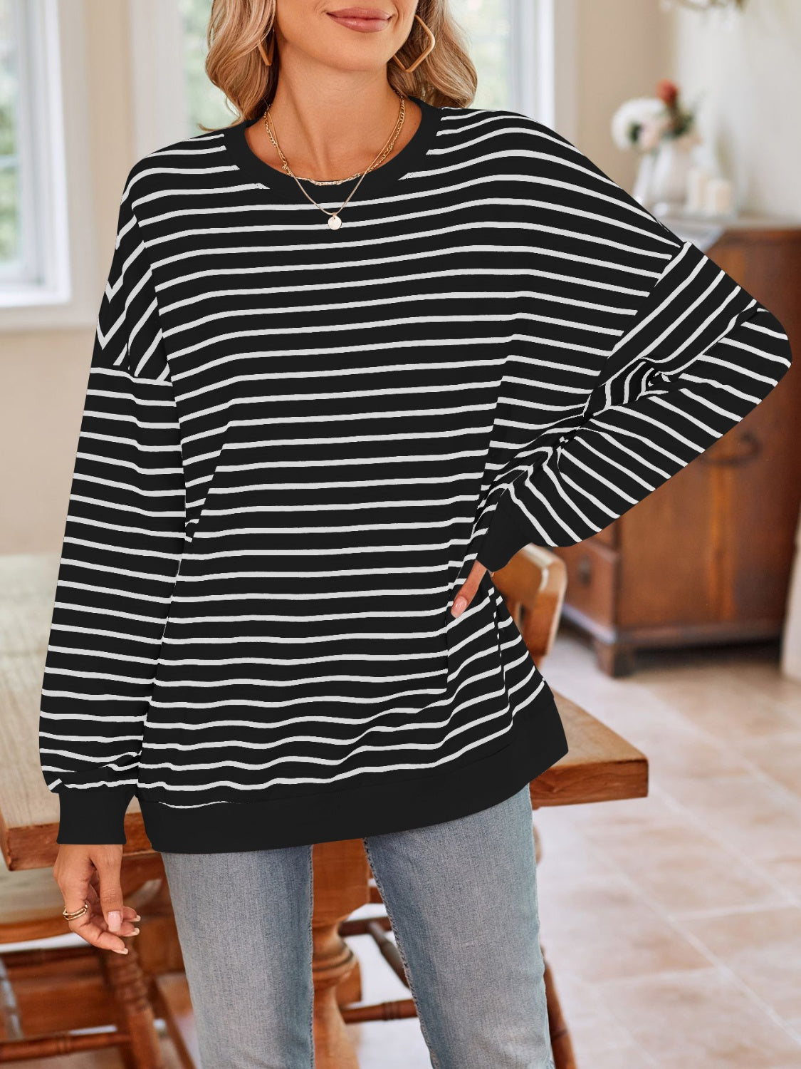 Lovelet Striped Round Neck Long Sleeve Sweatshirt