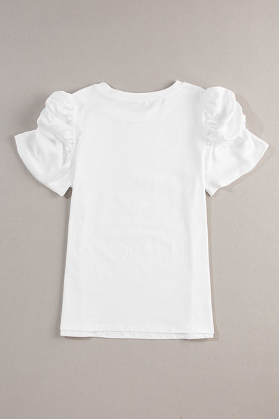 White Ruched Puff Sleeve Crew Neck Tee