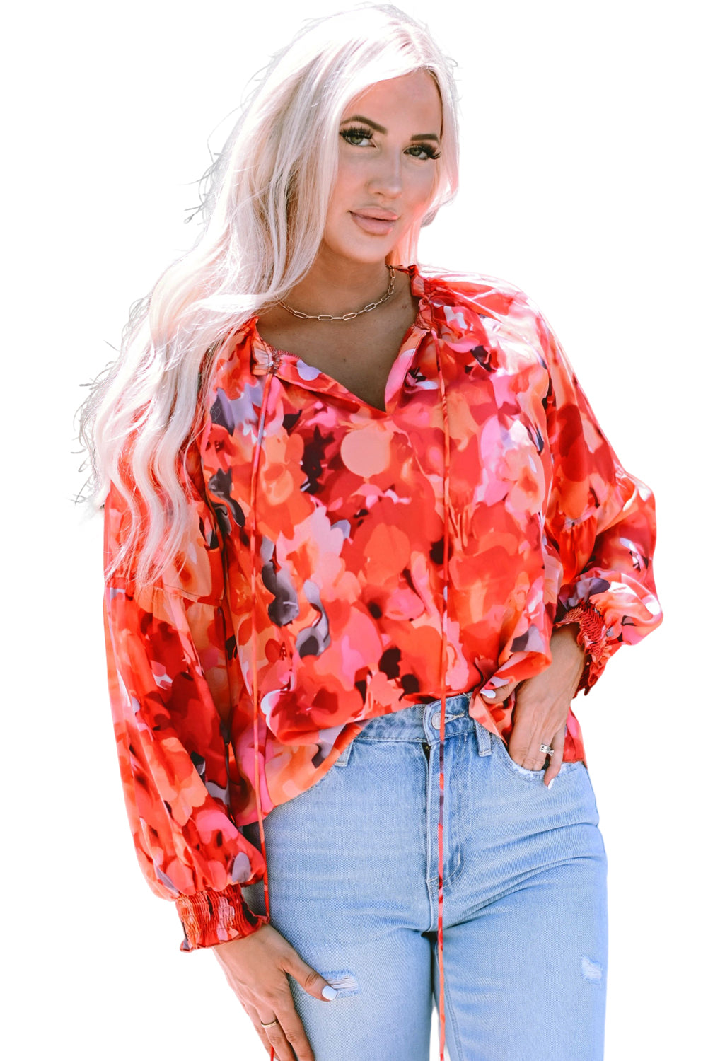 Fiery Red Floral Print Split Neck Tassel Tie Blouse