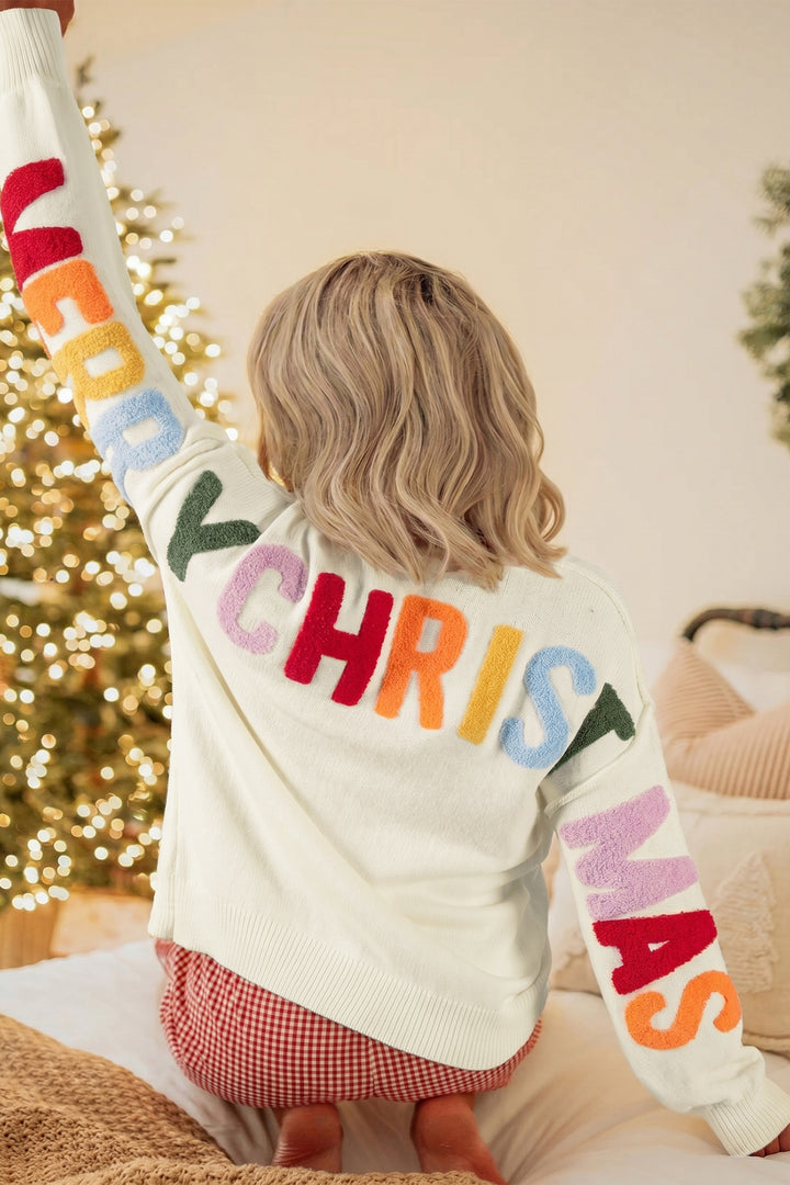 White Ho Ho Ho Slogan V Neck Button Front Embroidered Knit Cardigan
