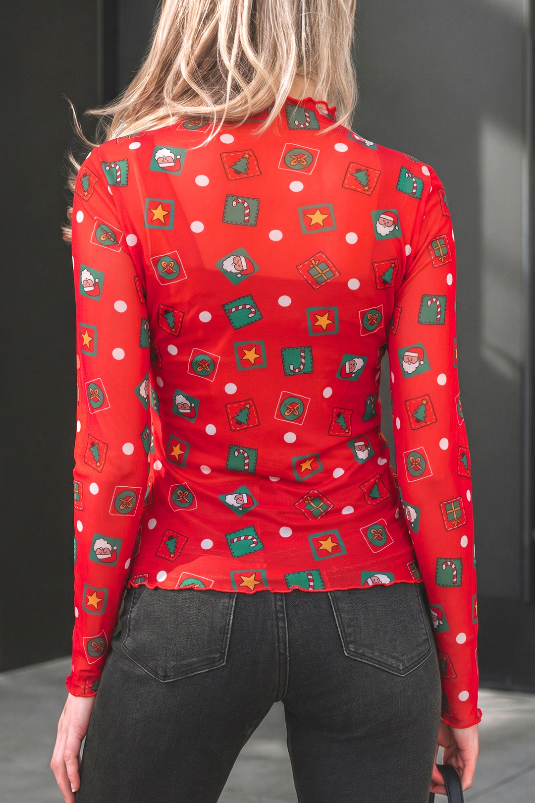Fiery Red Christmas Elements Printed Long Sleeve Sheer Mesh Top