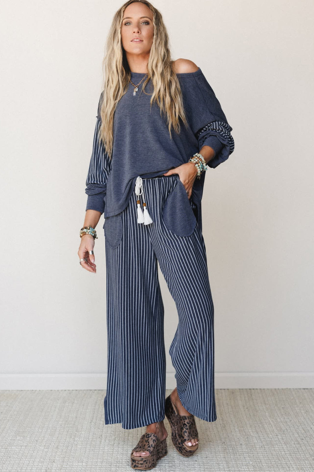 Fushia Raw Seam Patchwork Long Sleeve Top Pocket Casual Pants 2pcs Set