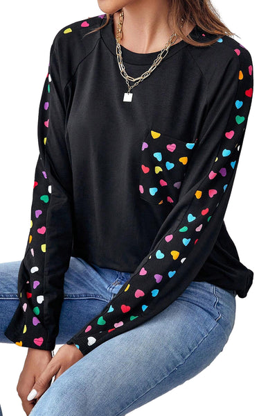 Black Valentine's Day Love Hearts Raglan Sleeve Top