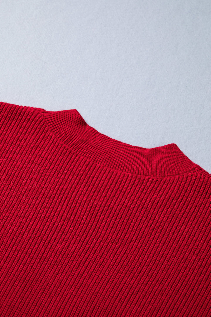 Fiery Red Bow Embroidered Graphic Ribbed Sweater Top