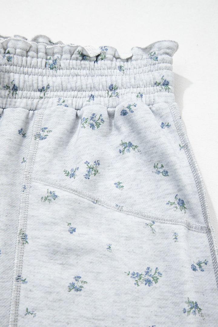 Gray Floral Print Elastic Waist Regular Fit Pants