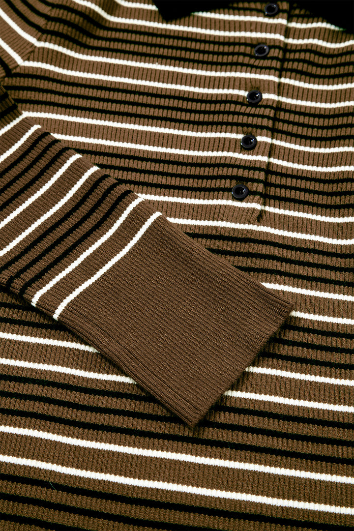 Green Stripe Striped Ribbed Knit Button Collar Sweater