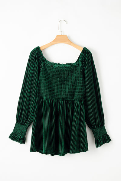 Blackish Green Smocked Ribbed Velvet Babydoll Top