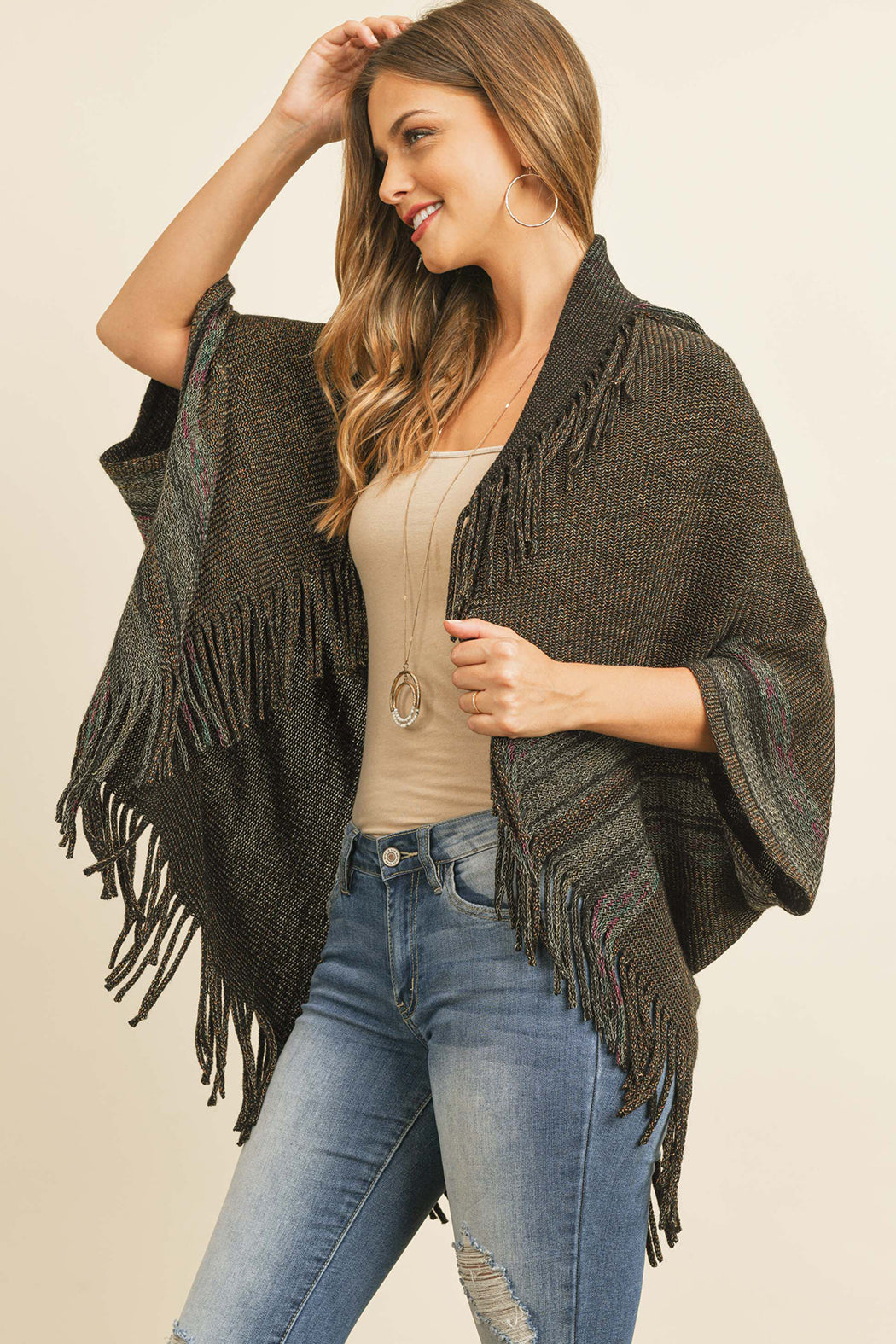 Fringe Stripe Open Front Kimono