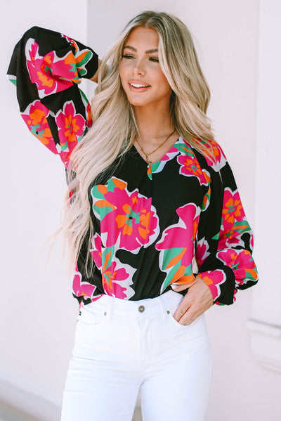 Black Flower Print Puff Sleeve Blouse