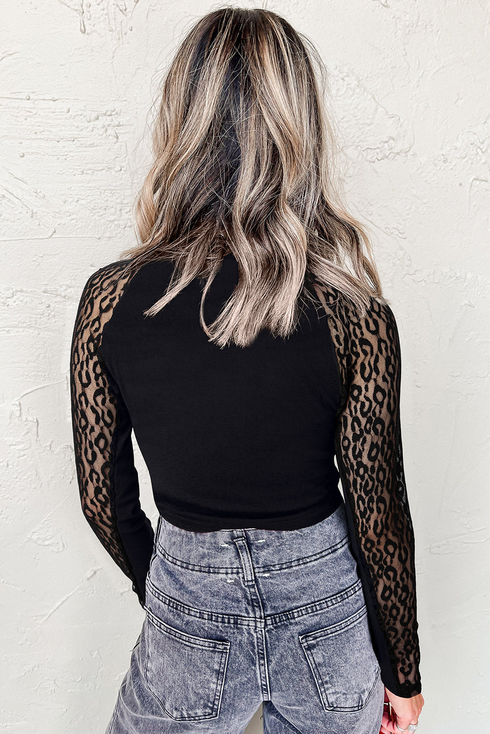 Black Leopard Mesh Patchwork Knit Long Sleeve Top