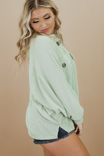 Green Plus Size Ribbed Pocketed Long Sleeve Henley Top