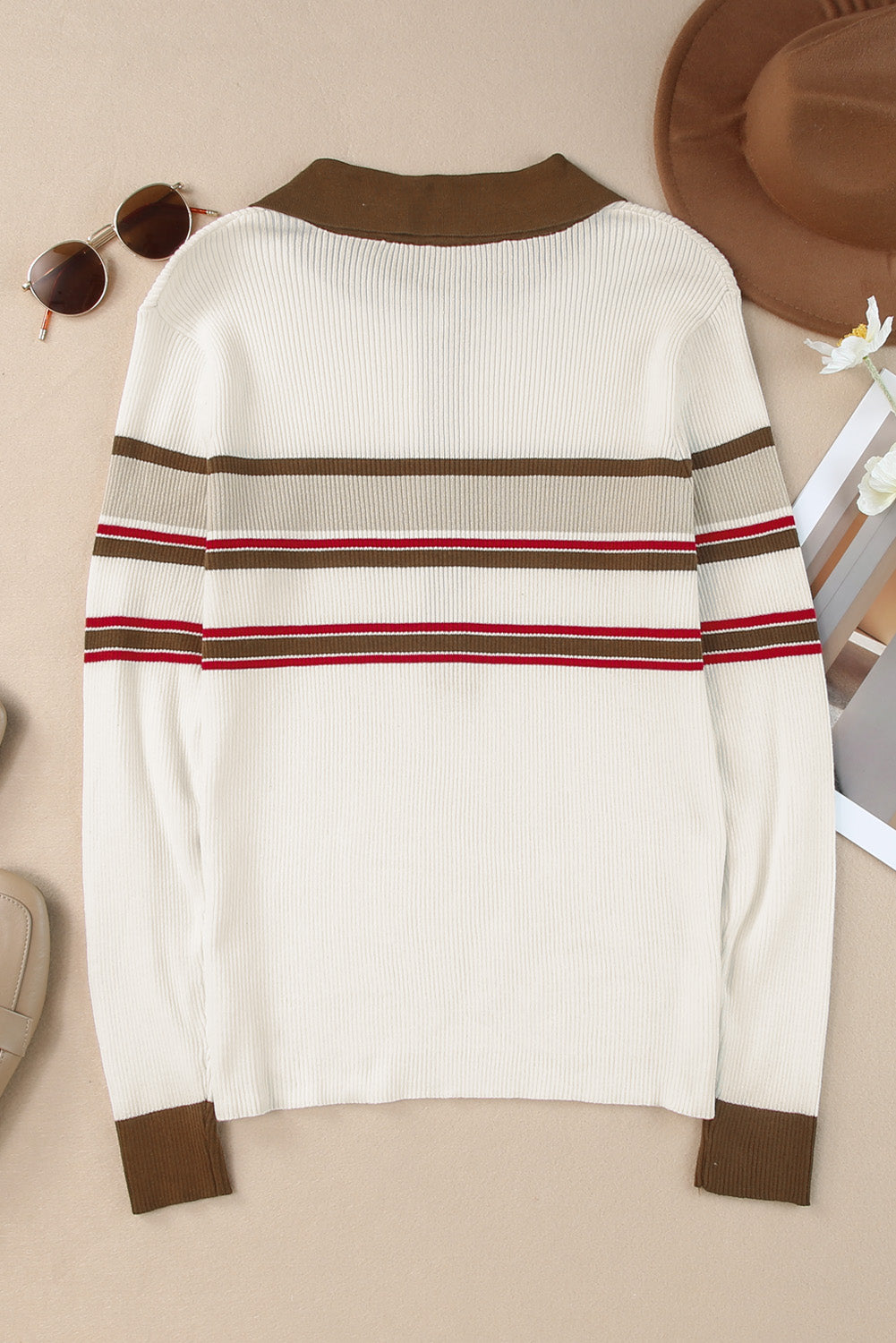 Half Button Contrast Stripe Long Sleeve Knit Top