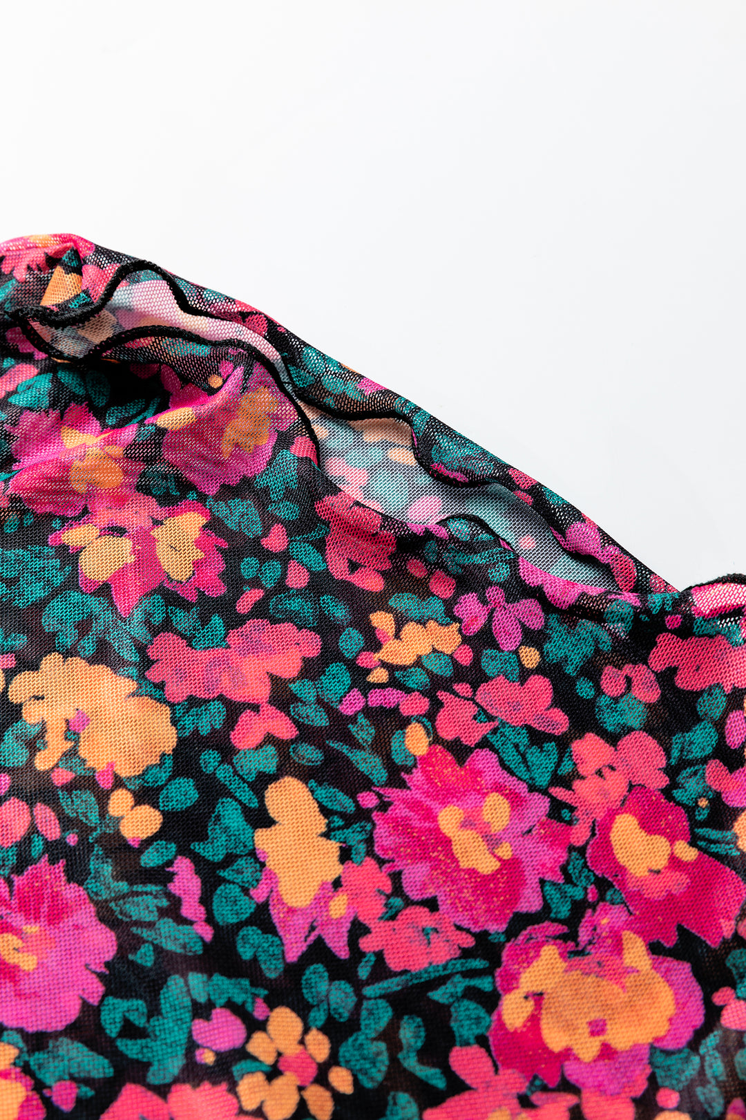 Pink Slim Fit Floral Mesh Long Sleeve Mock Neck Top