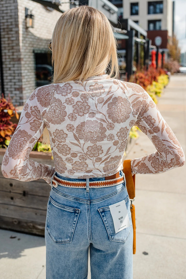 Brown Thumbhole Long Sleeve Floral Print Mesh Top