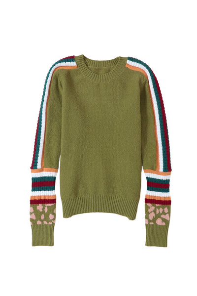 Green Leopard Contrast Striped Sleeve Ribbed Trim Sweater