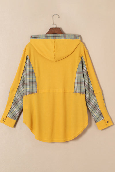 Yellow Waffle Knit Plaid Patchwork Pocketed Henley Hoodie