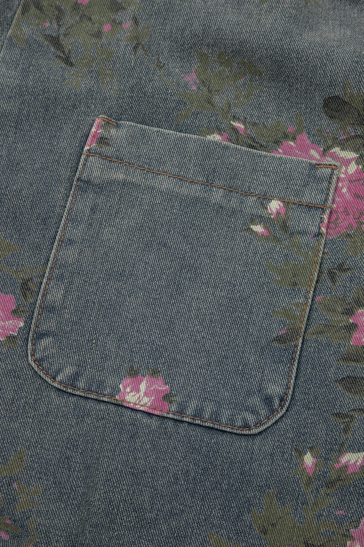 Blue Beau Floral Print Pleated High Waist Wide Leg Denim Jumpsuit
