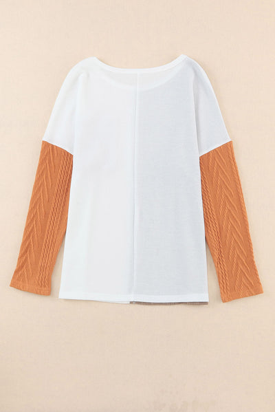 Orange Long Sleeve Colorblock Chest Pocket Textured Knit Top