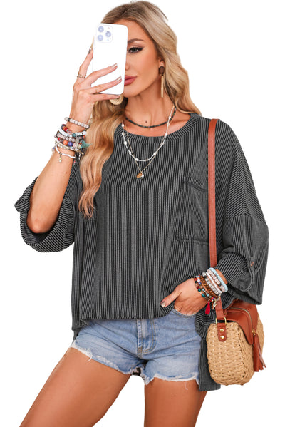 Dark Gray Ribbed Roll-tab Sleeve Chest Pocket Oversize Top