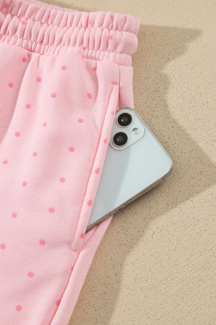 Pink Polka Dot Printed Oversized Hoodie Casual Shorts 2pcs Set