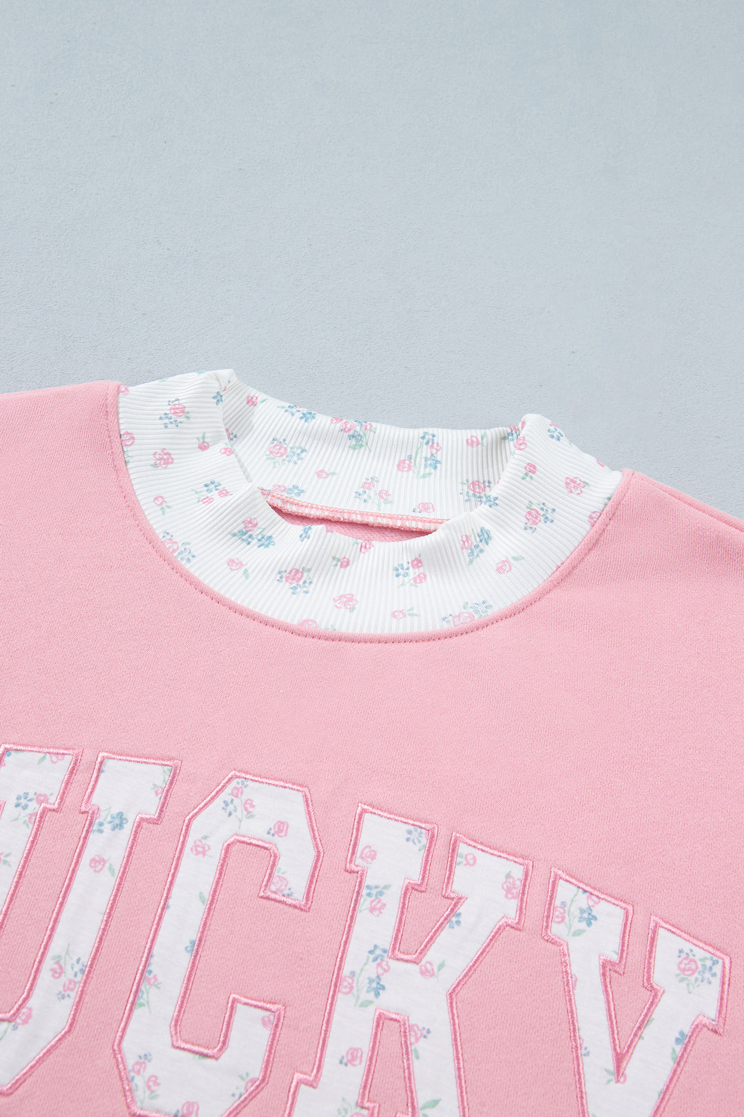 Pink High Neck Floral Patch Embroidery Long Sleeve Sweatshirt