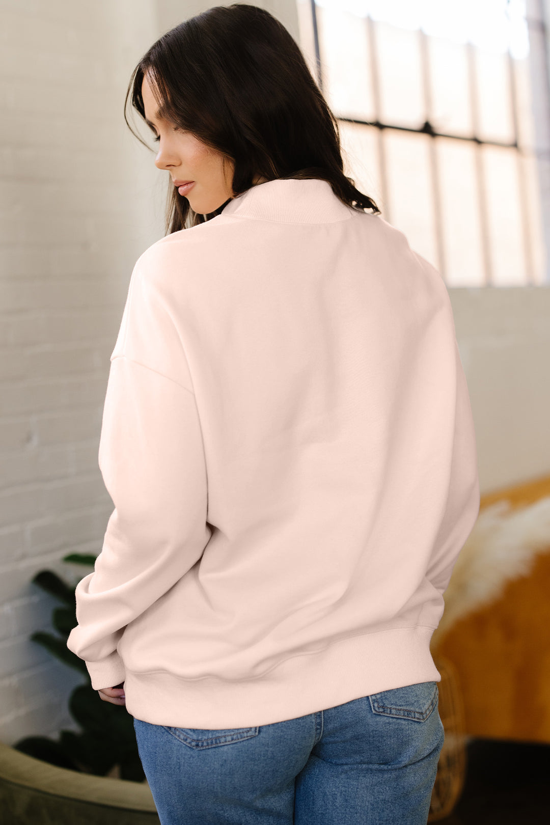 Light Pink Oversize Blessed Embroidered Mock Neck Sweatshirt