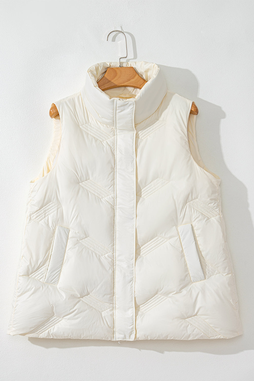 White quilted high neck jacket vest on hanger front