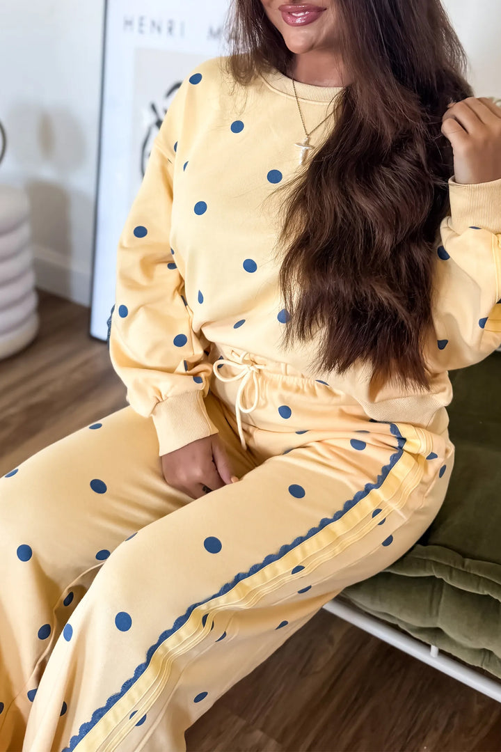 Yellow Polka Dot Long Sleeve Top Patchwork Detail Loose Pant Set