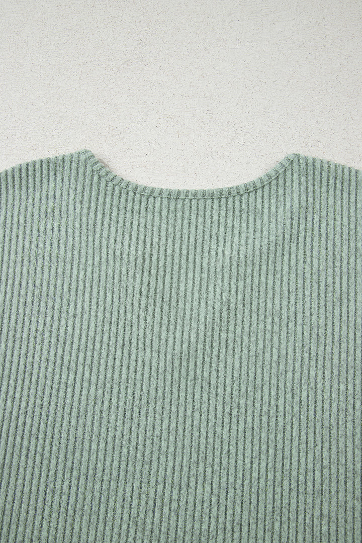 Grass Green Ribbed Notched Neck Knit Long Sleeve Leggings Two Pieces Lounge Set