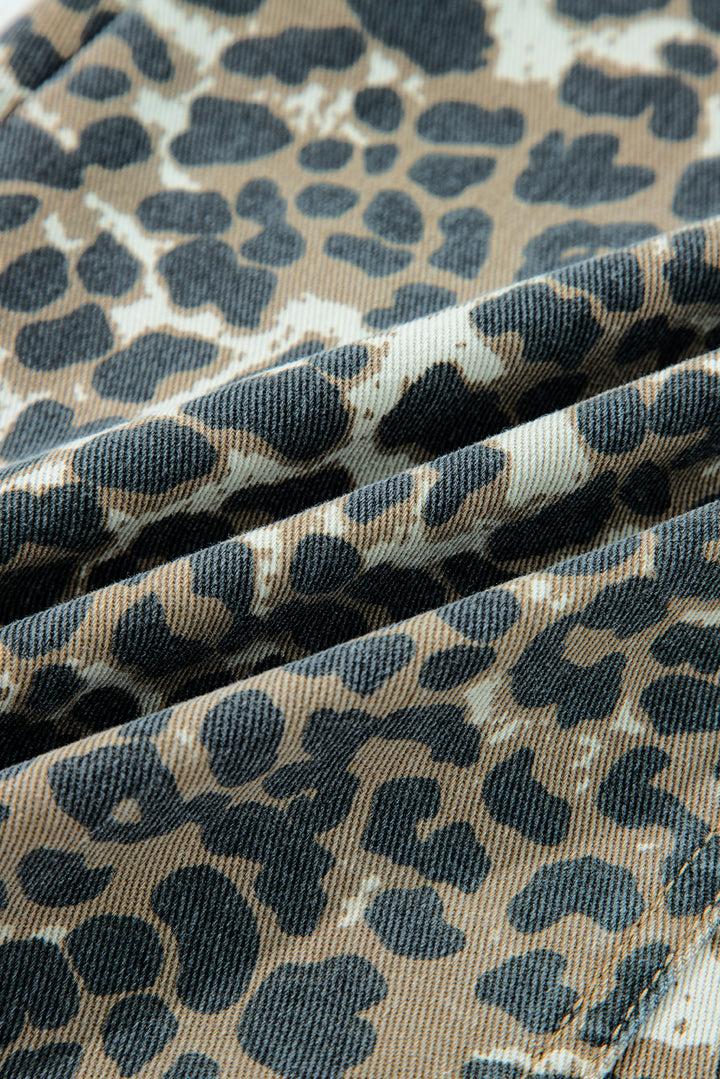 Gray Leopard Print Pocketed Loose Fit Denim Overall Dress