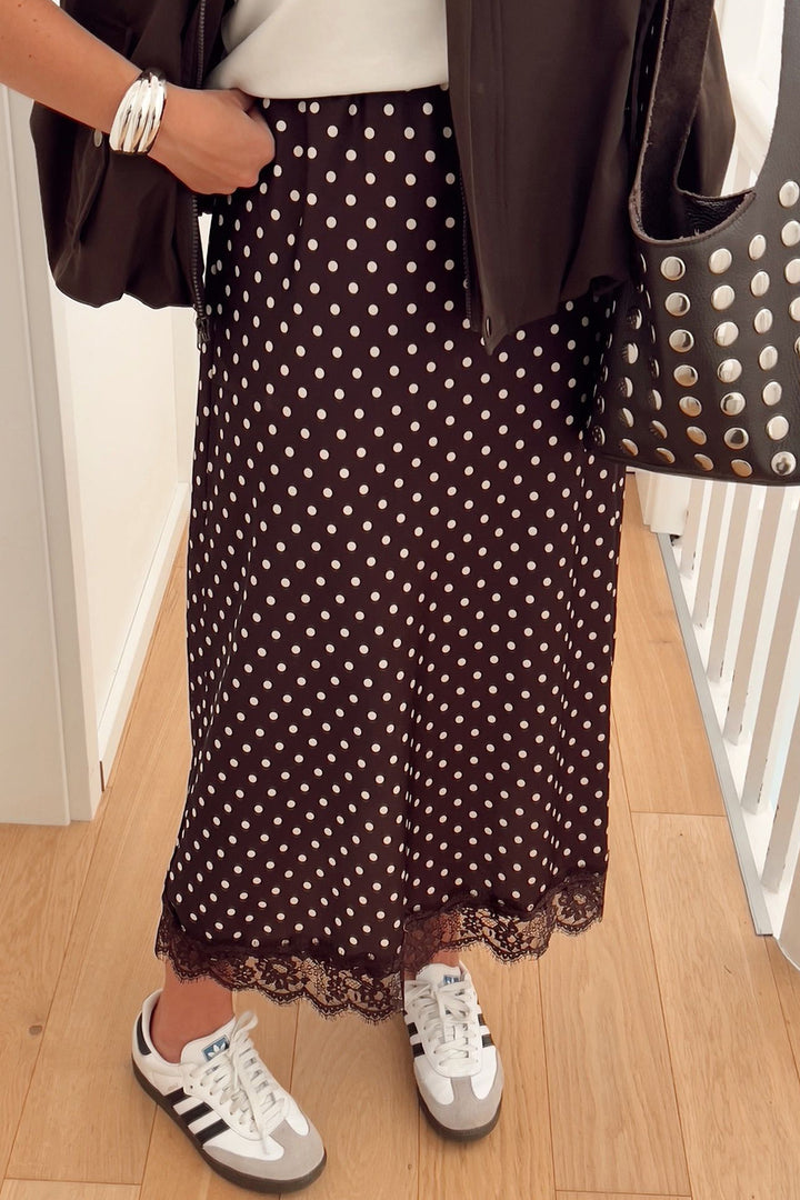Brown Polka Dot Lace Hem Elegant Long Shift Skirt