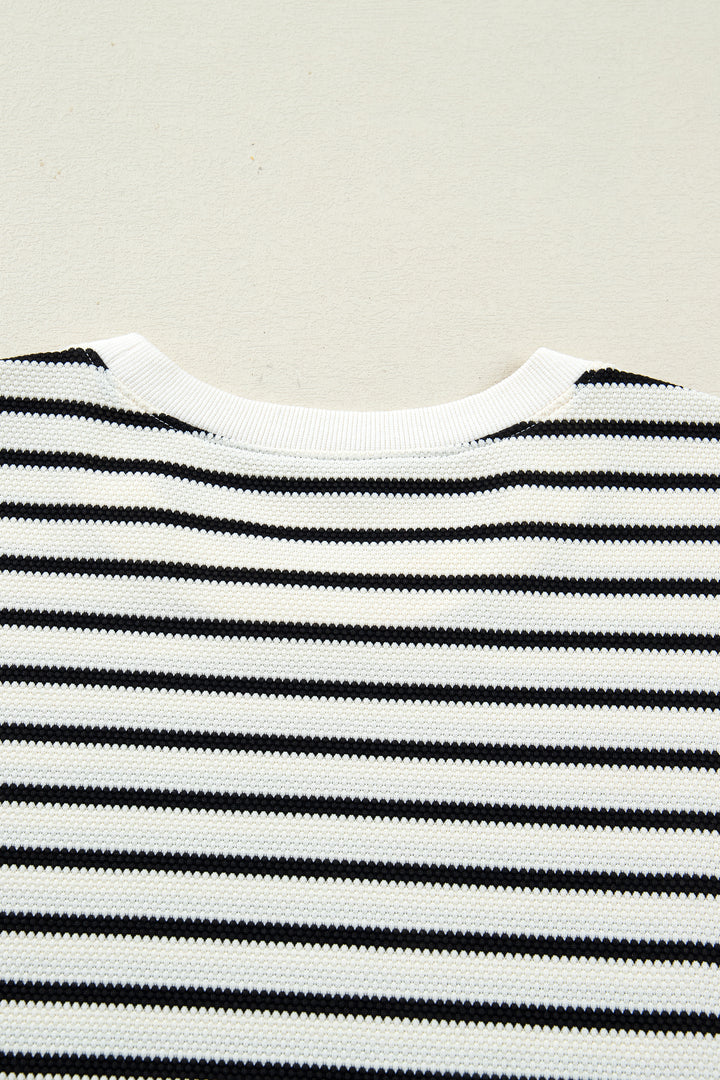 White Stripe Ruffle Trim Drop Shoulder Top Drawstring Loose Pant Set