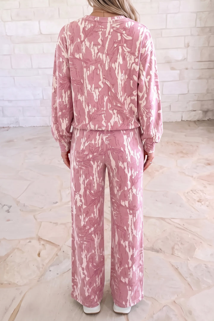Multicolour Abstract Floral Print Loose Pullover Drawstring Pants 2pcs Set